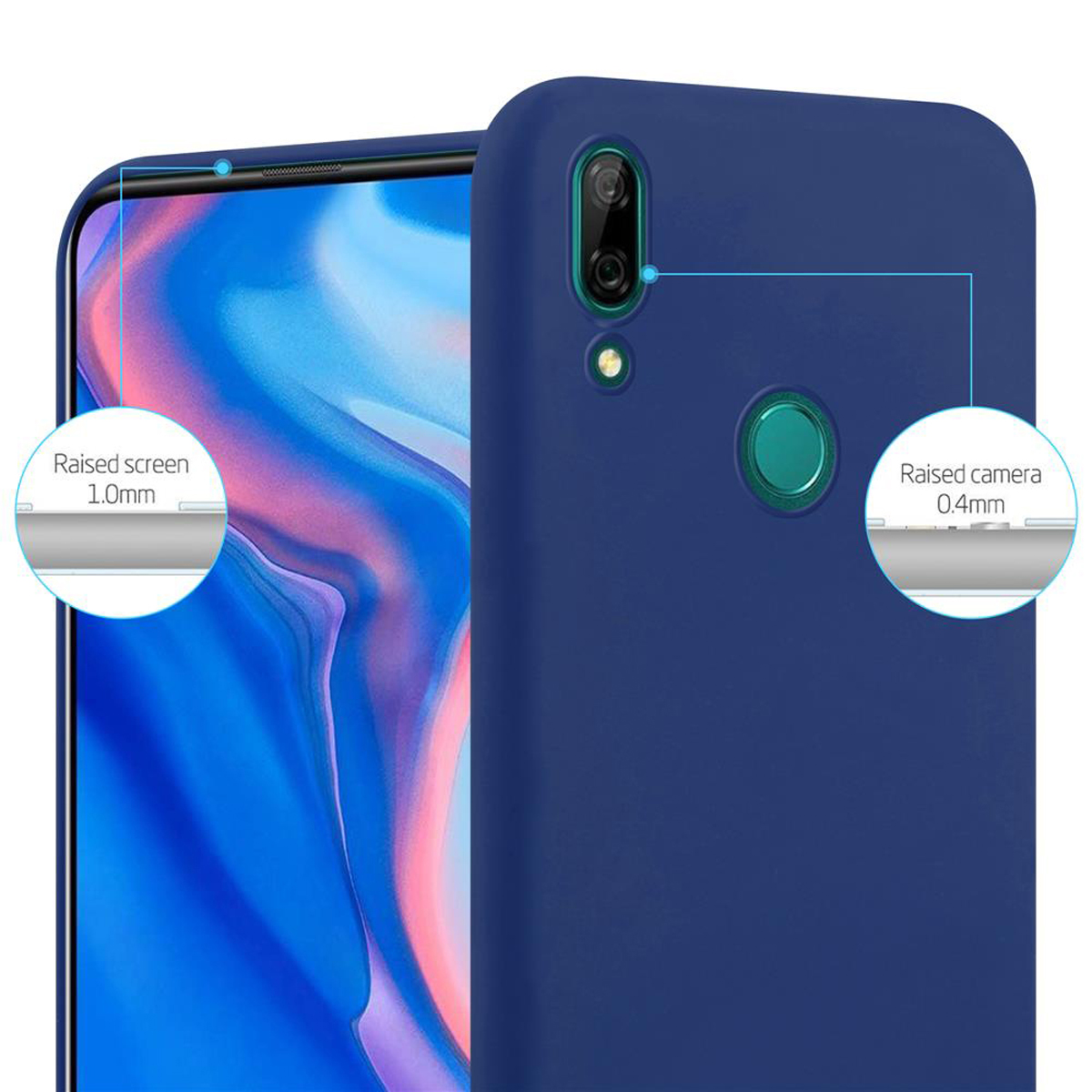 Primo piano di una custodia blu per telefono con protezione dello schermo e della fotocamera rialzata, con testo e diagramma.