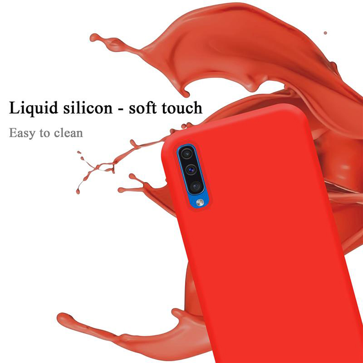 Eine rote Handyhülle mit den Worten 'Liquid Silicon - Soft Touch' und 'Easy to clean'.