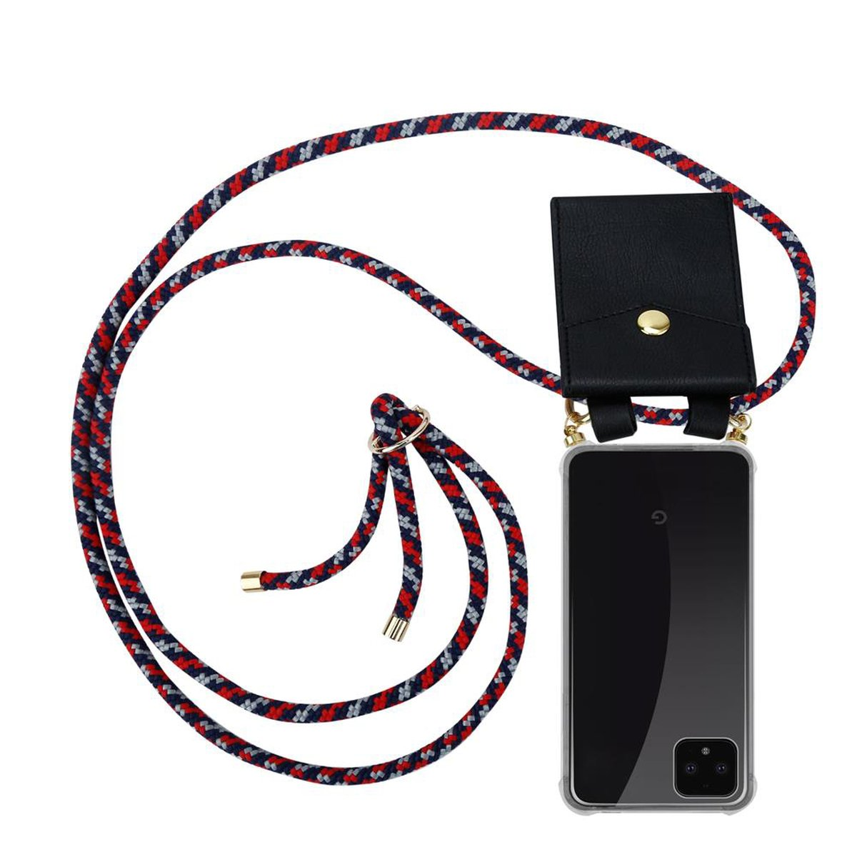 Eine Handyhülle mit einem Lanyard. Das Lanyard ist rot, weiß und blau. Die Hülle ist schwarz mit goldenem Verschluss.