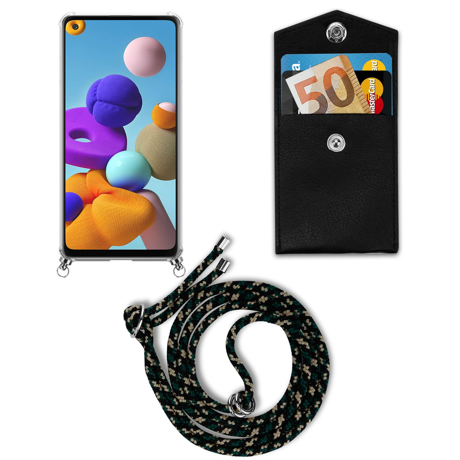 Un telefono con un porta carte e un cordino. Lo sfondo è bianco.