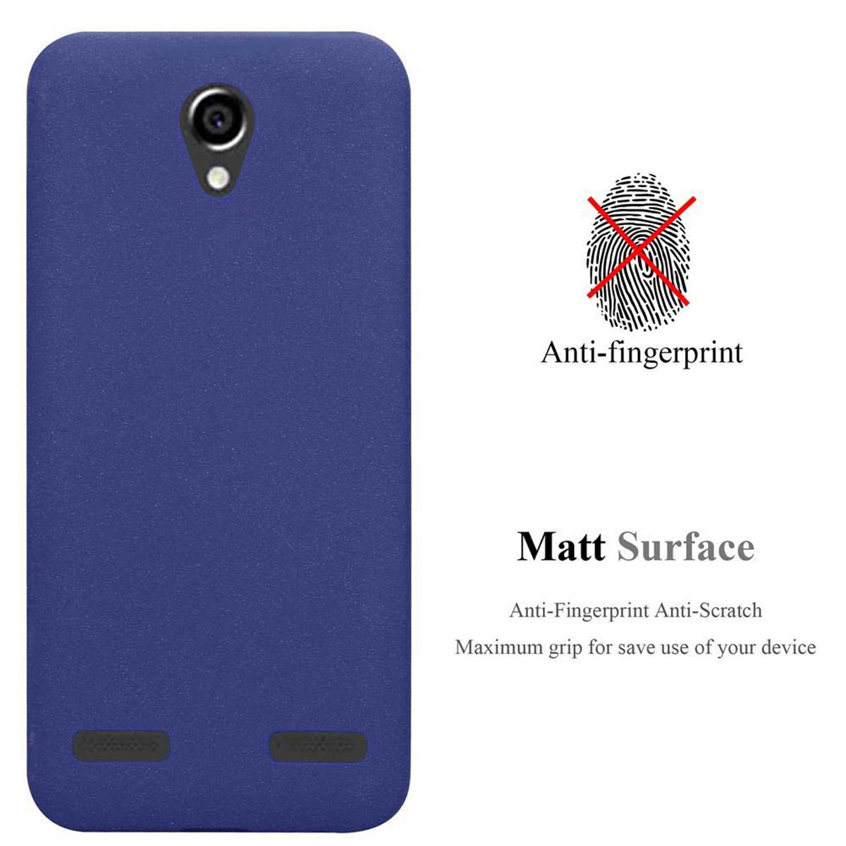 Custodia per telefono blu con anti-impronta e superficie opaca. Testo: Massima presa per un utilizzo sicuro.