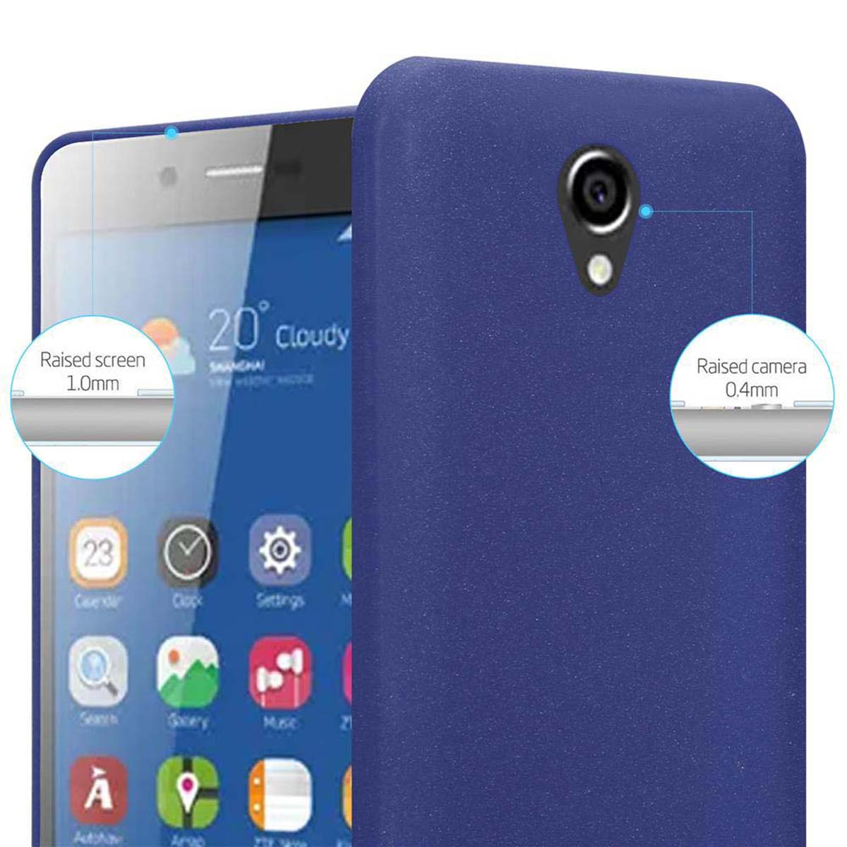 Custodia blu per telefono con schermo e fotocamera rialzati, sfondo bianco.