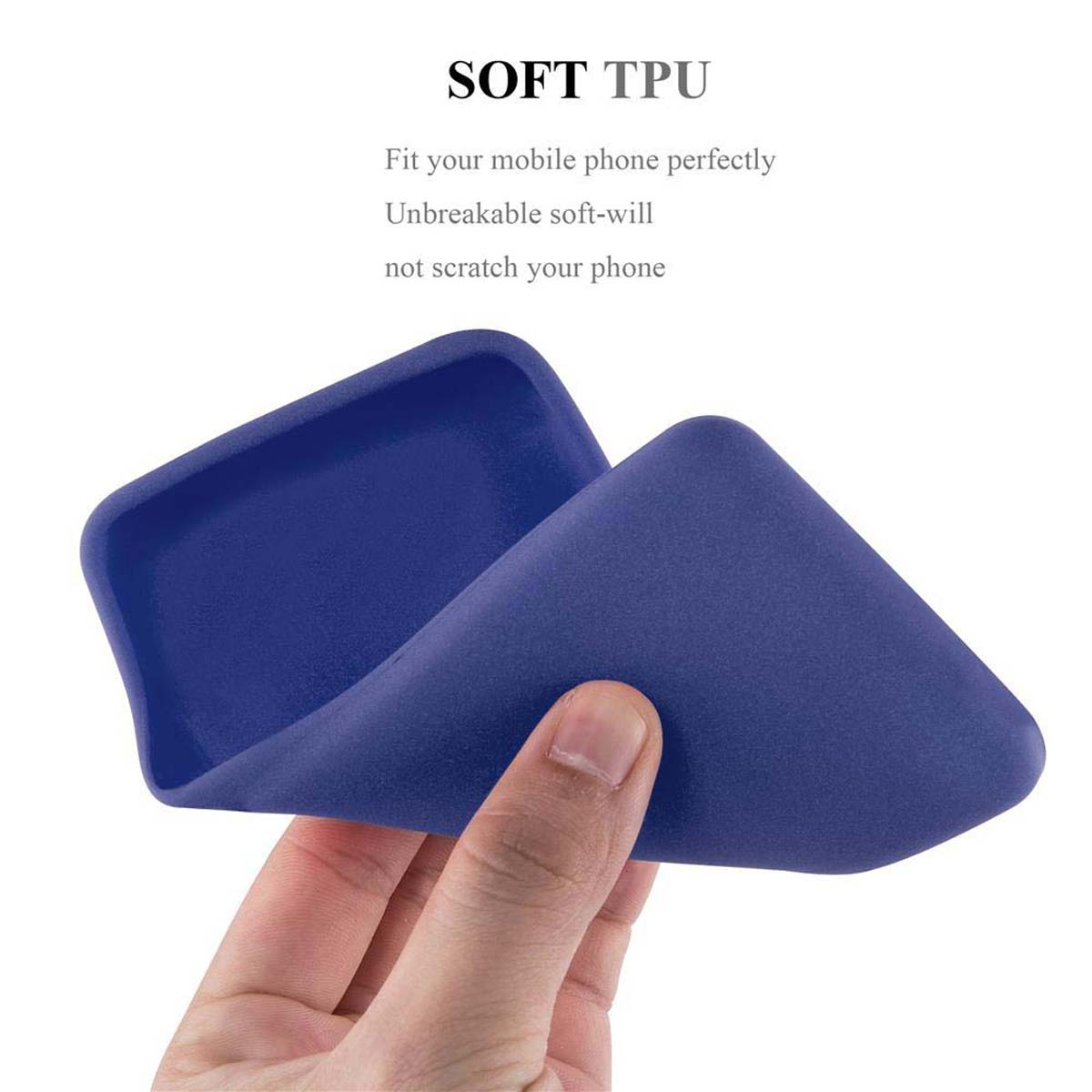 Mano che tiene una custodia blu per telefono. Testo: TPU morbido. Infrangibile.