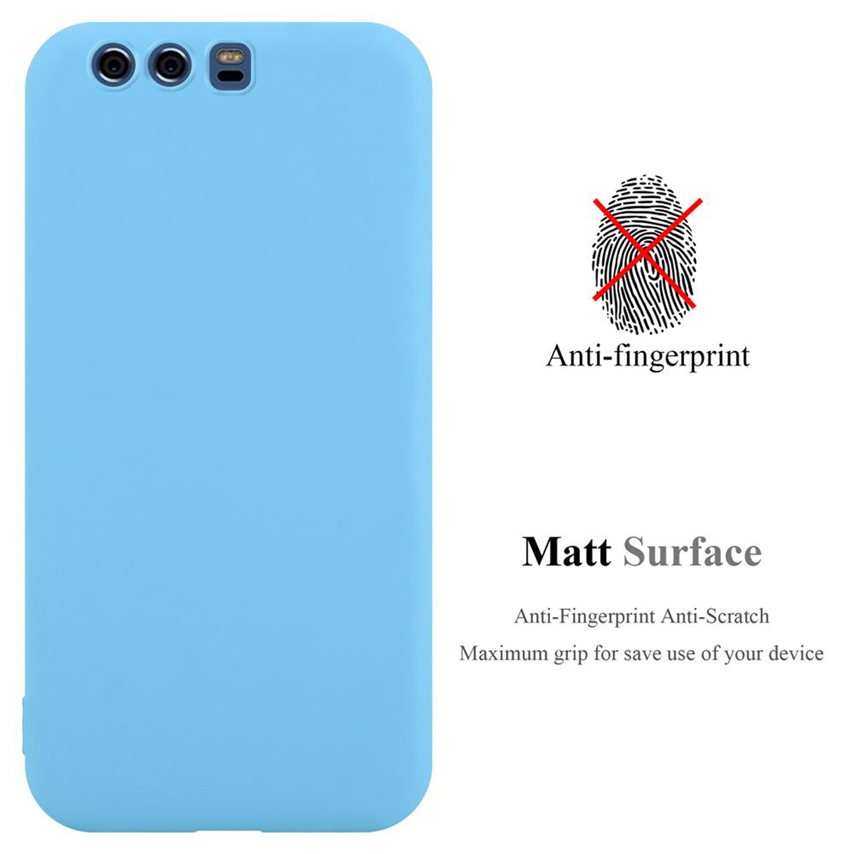 Custodia per telefono azzurra con testo: Anti-impronte, Superficie opaca. Icona impronta digitale con una croce rossa.