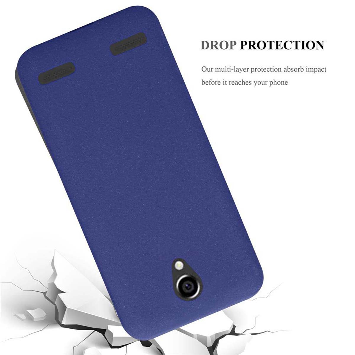 Custodia blu per telefono su superficie incrinata. Testo: Protezione anticaduta. Descrive la protezione multistrato.