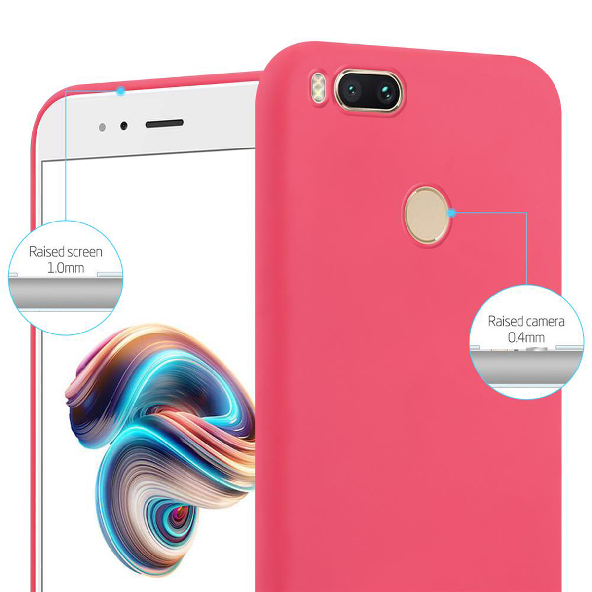 Custodia rosa e un telefono. Testo: Schermo rialzato 1,0 mm. Fotocamera rialzata 0,4 mm.