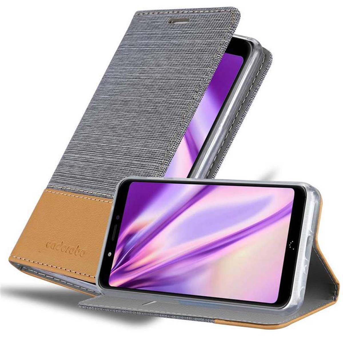 Funda de teléfono gris y marrón. El teléfono está abierto. El teléfono muestra una imagen morada.