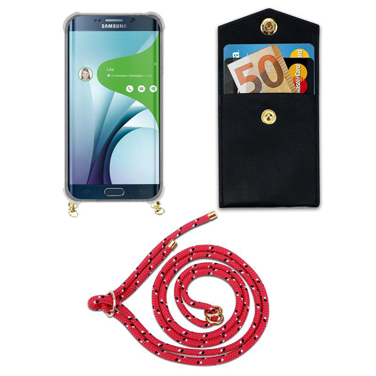 Smartphone con custodia e cordino, un portafoglio nero con soldi.