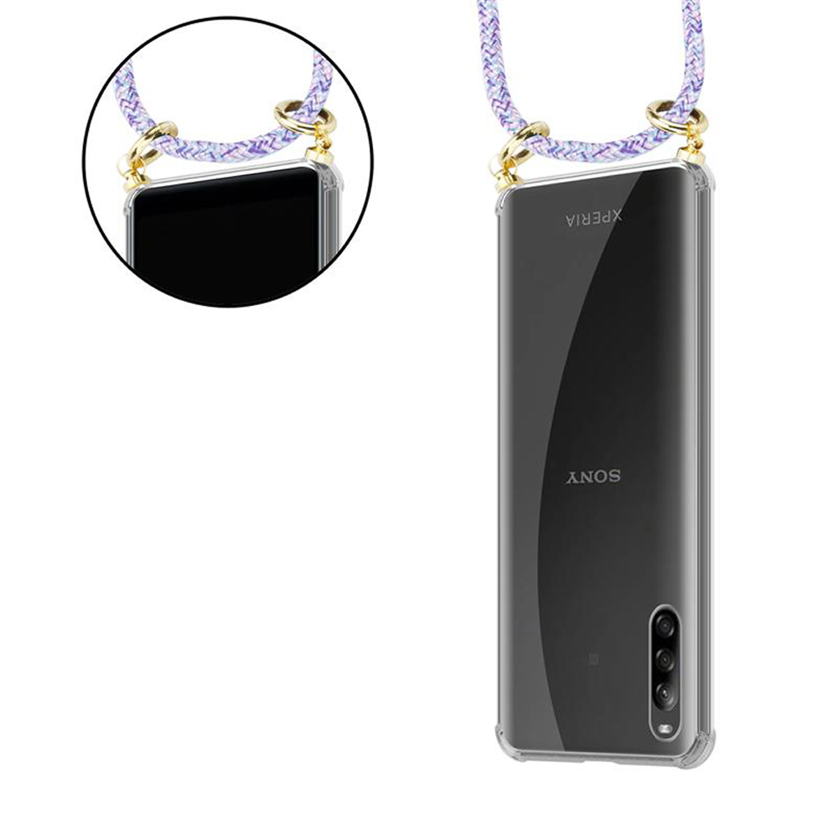 Custodia trasparente per telefono con cordino. Il telefono è nero con XPERIA e SONY stampati. Attacchi dorati per cordino.