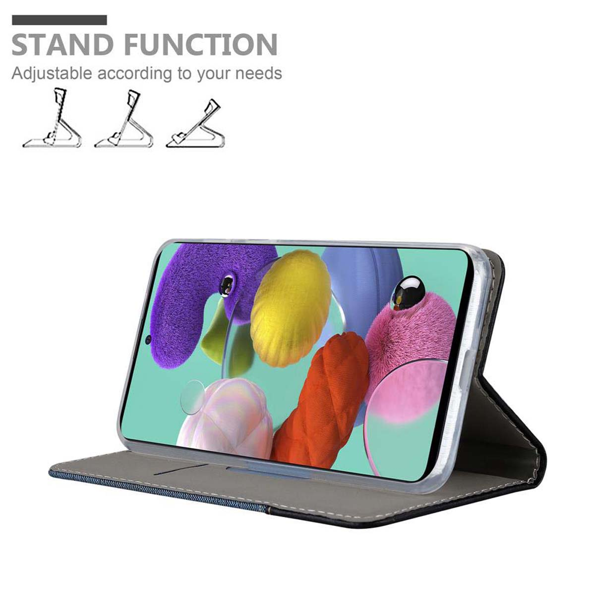 Un telefono in una custodia con funzione di supporto, con tre design di supporto mostrati.
