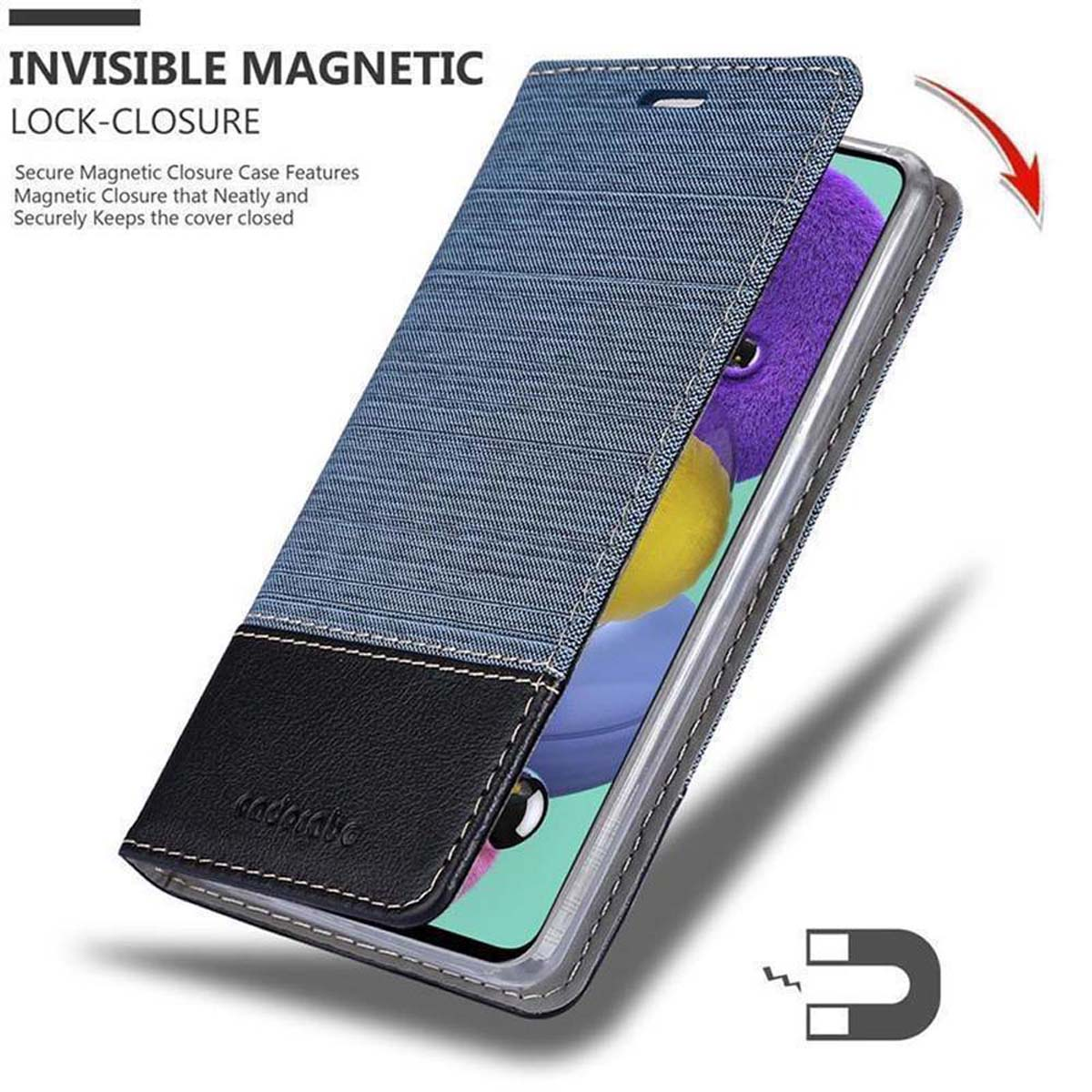 Una custodia per telefono con una trama in denim. Viene mostrato un simbolo di magnete. Lo sfondo è bianco.