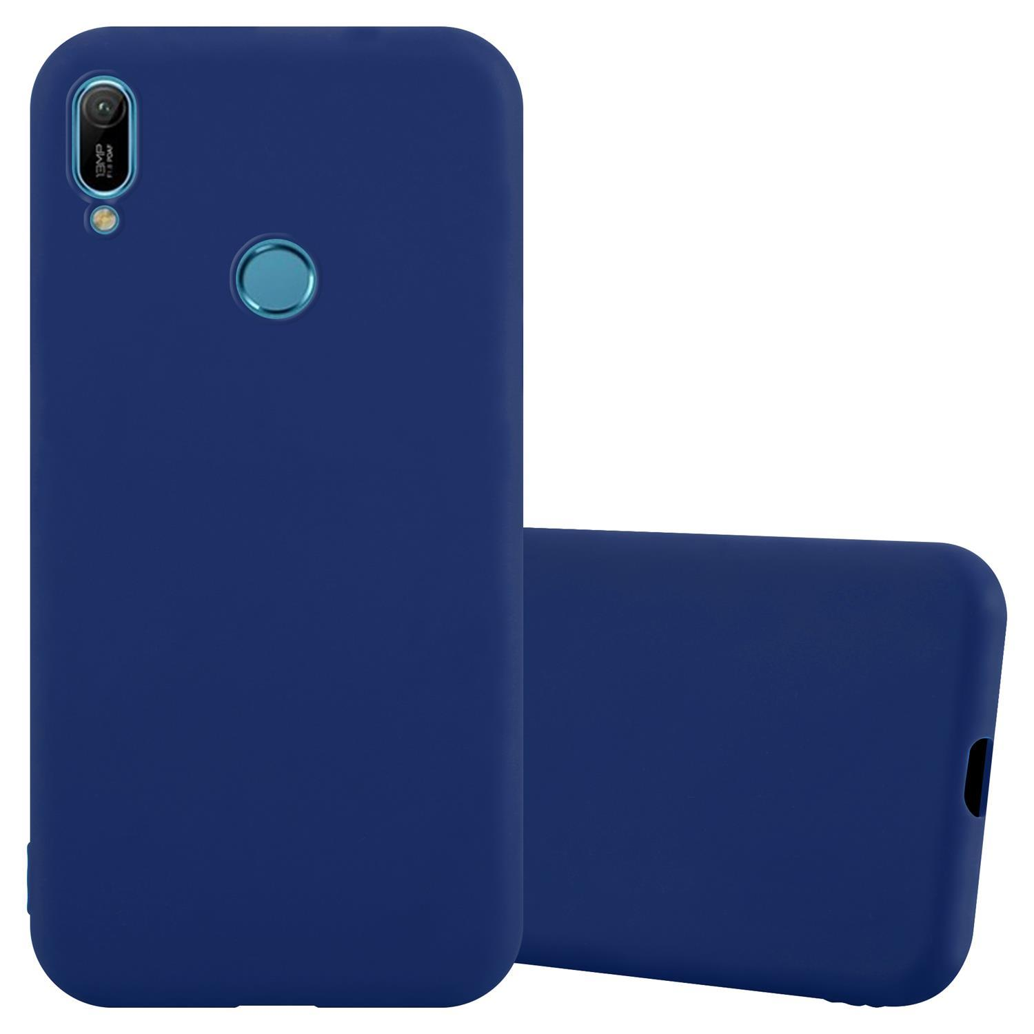 Due custodie blu per telefoni. Entrambe sono blu tinta unita. Una è in piedi; l'altra è piatta.