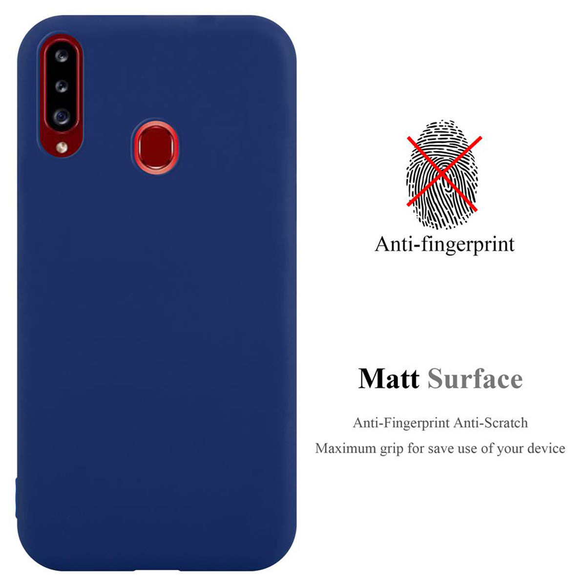 Eine dunkelblaue Handyhülle mit einer Anti-Fingerabdruck-Oberfläche. Text sagt Anti-Kratzer und maximaler Halt.