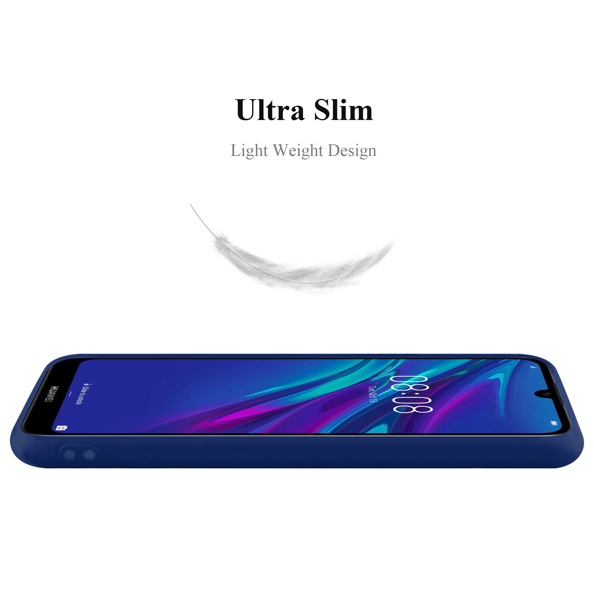 Custodia blu per telefono di lato. Testo Ultra sottile. Un grafico di piume. Telefono blu scuro. Sfondo bianco.