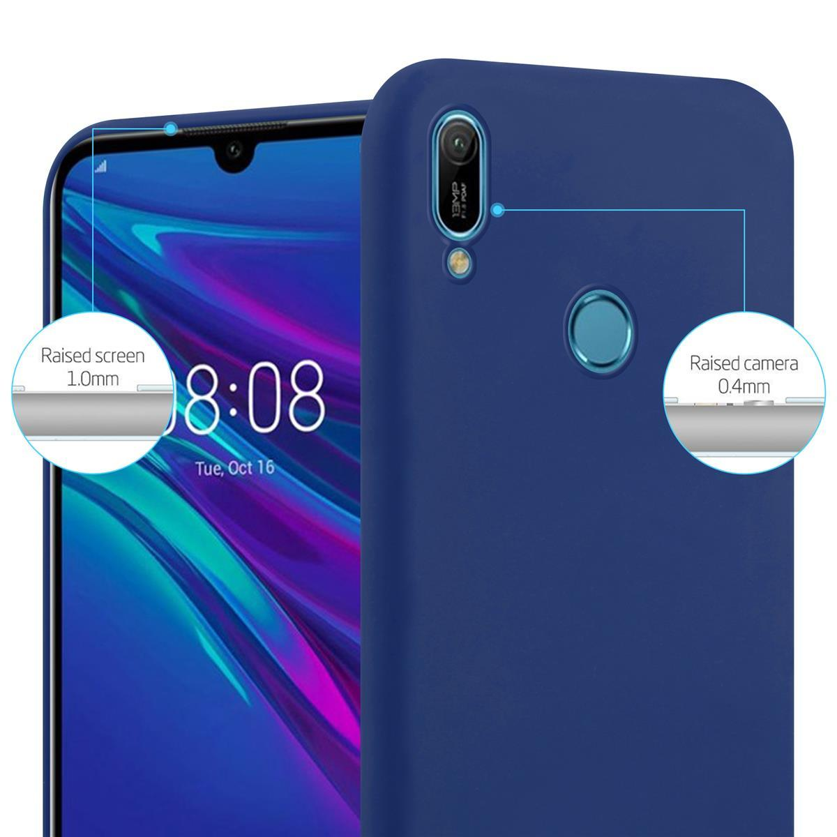 Un telefono con custodia blu. Il testo indica la protezione rialzata dello schermo e della fotocamera.