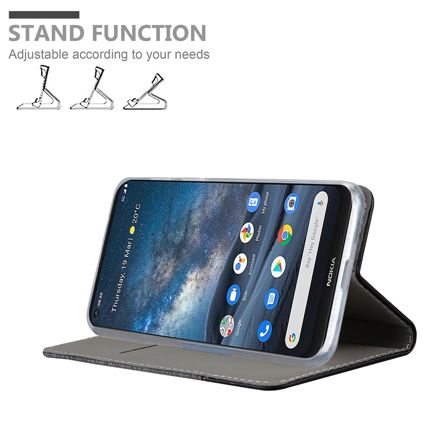 Smartphone in una custodia a libro, aperto, che mostra lo schermo. È pubblicizzata la funzione stand.