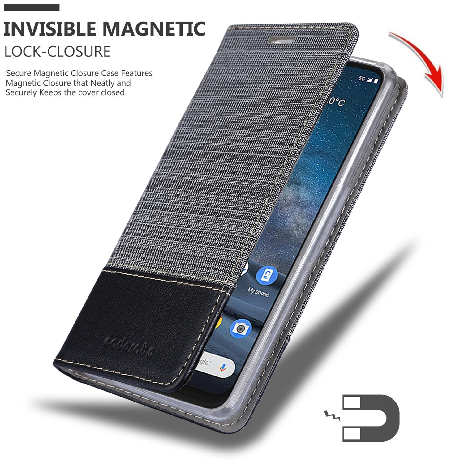 Un telefono in una custodia grigia e nera. La custodia ha una chiusura magnetica. Lo schermo è visibile.