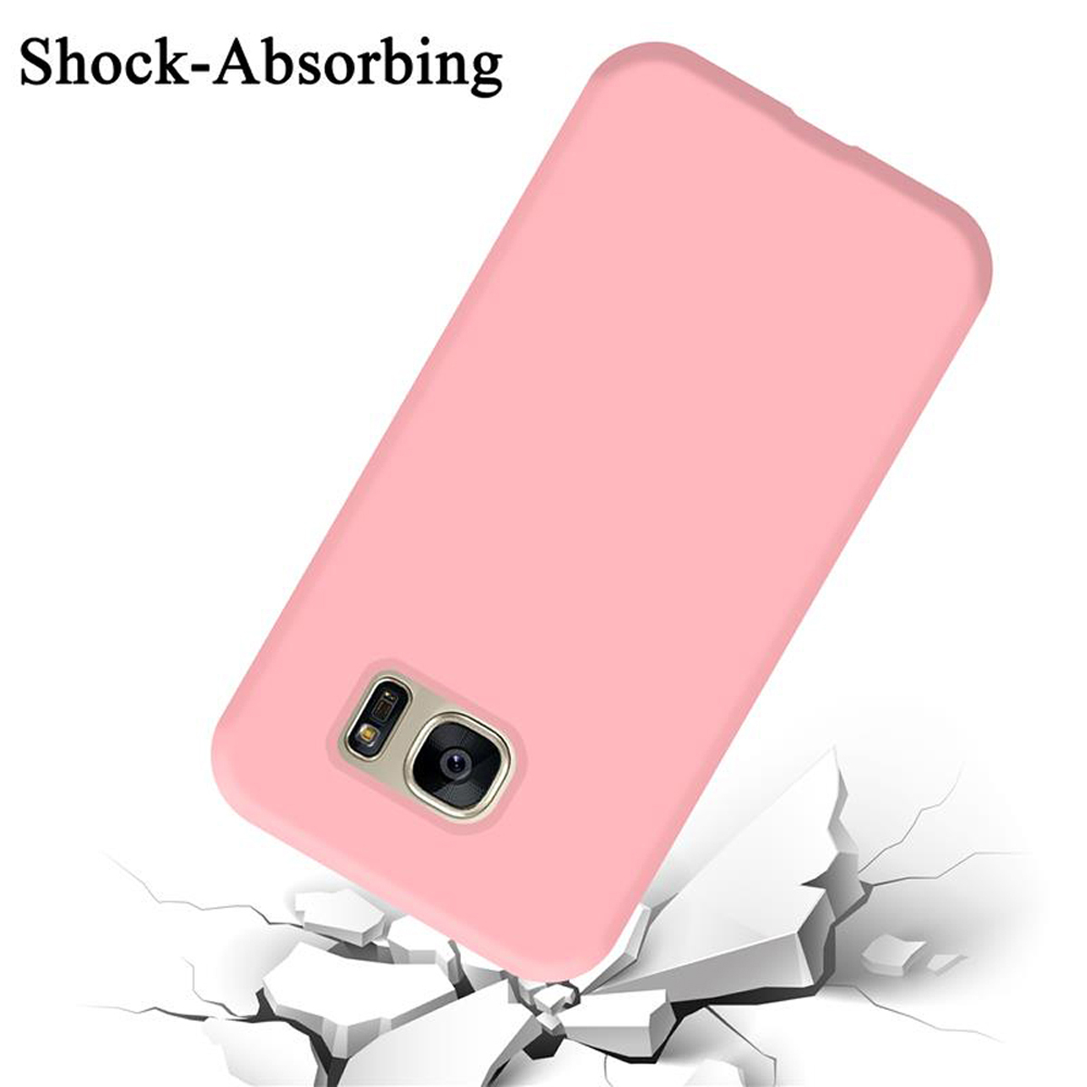 Rosa Handyhülle mit Text Shock-Absorbing und rissiger Oberfläche.