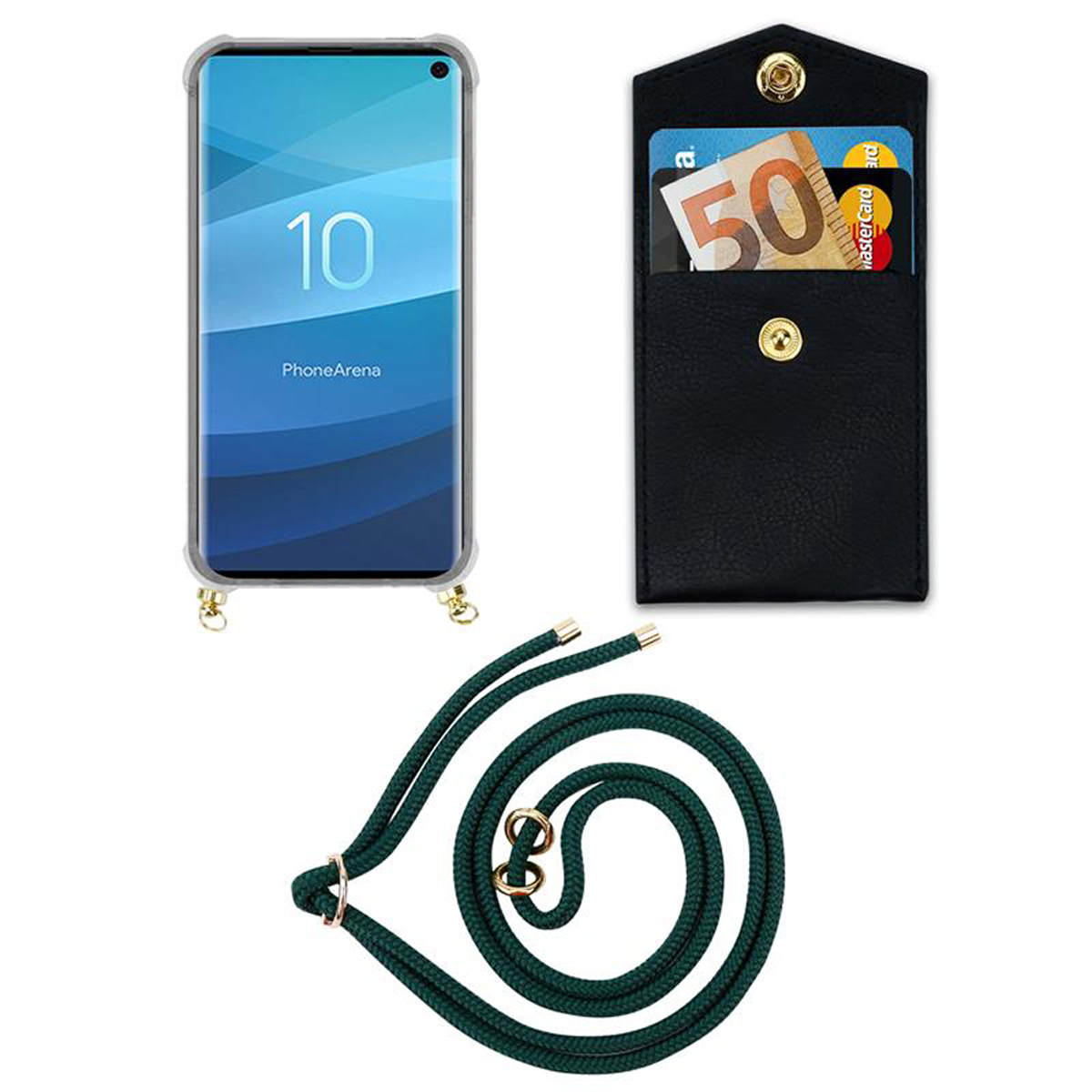 Telefono con cordino, custodia nera con denaro e carte, su sfondo bianco.