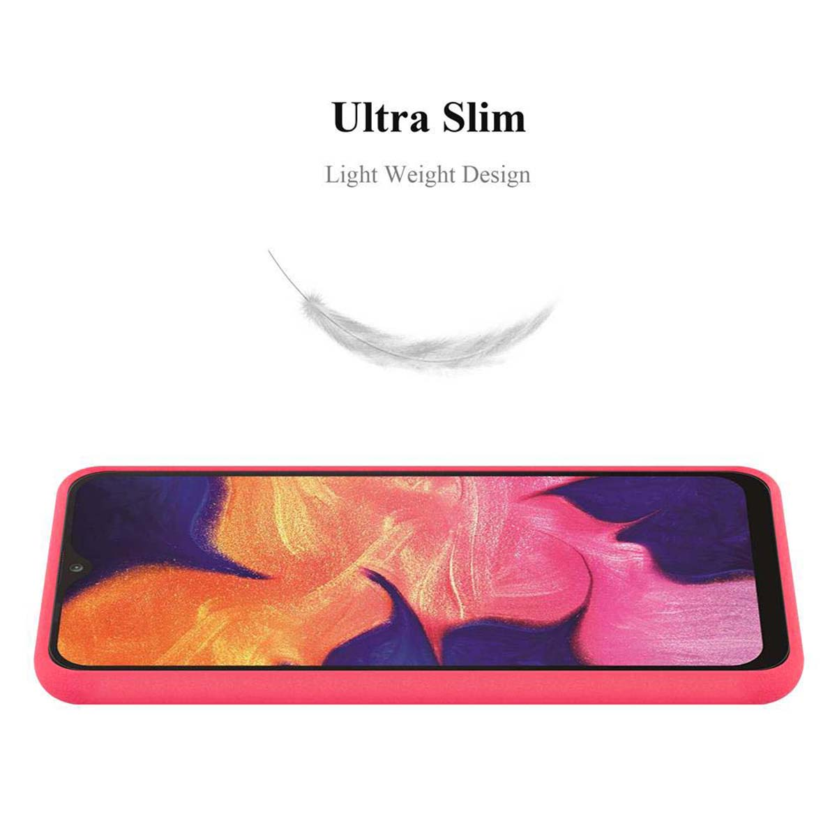 Un telefono rosa con una custodia rossa. Una piuma bianca fluttua sopra il telefono. Il testo recita 'Ultra Slim'.