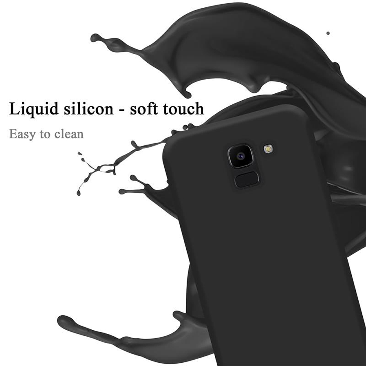 Schwarze Handyhülle mit schwarzem Flüssigkeitsspritzer. Text: Flüssiges Silikon - Soft-Touch, leicht zu reinigen.