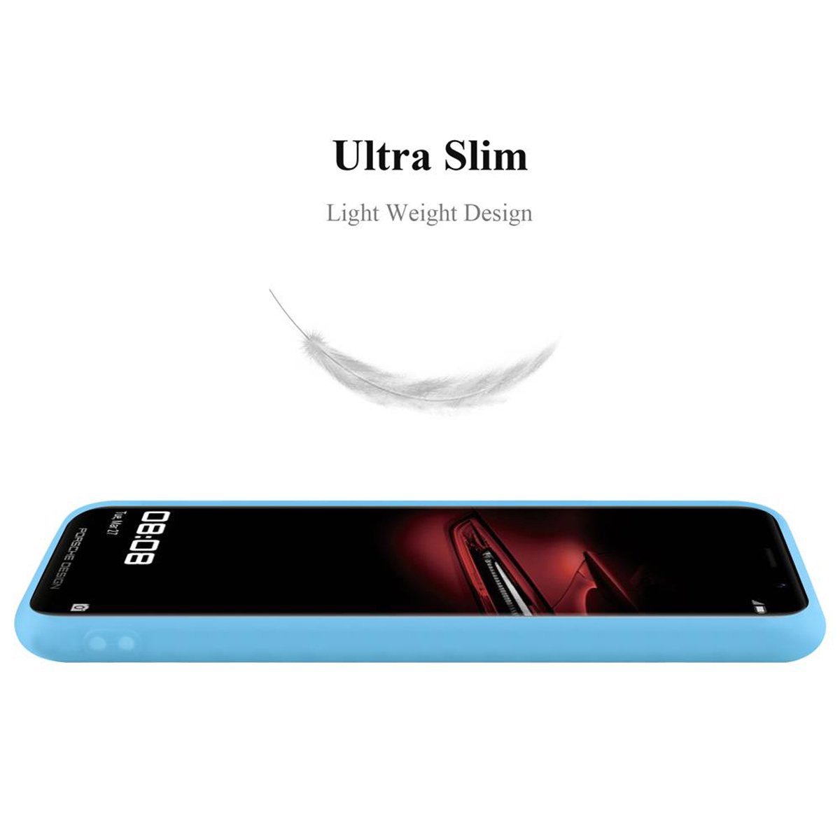 Custodia blu per telefono con schermo nero. Testo 'Ultra Slim Light Weight Design' e grafica piuma.