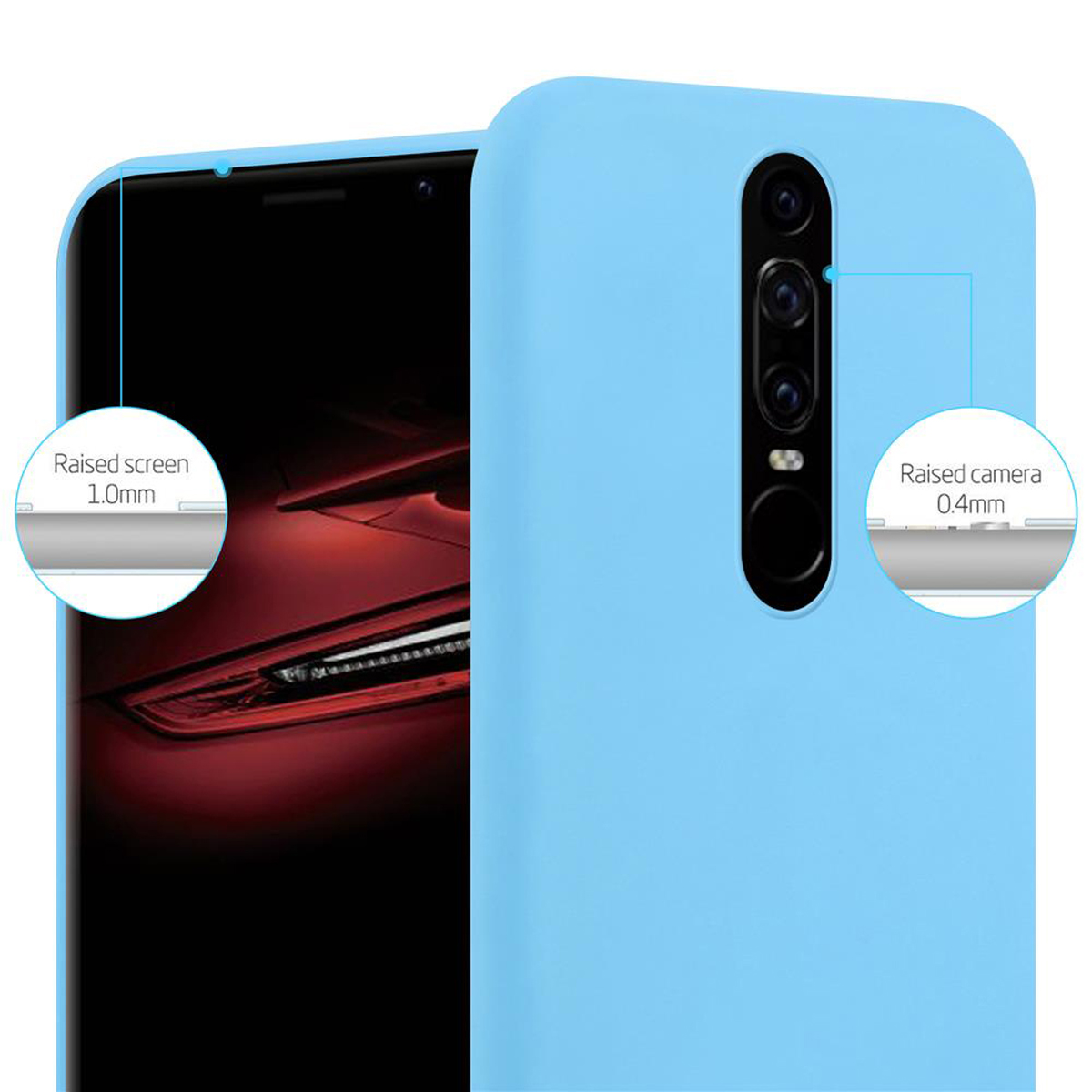 Custodia blu chiaro con protezione schermo e fotocamera rialzate. Il retro ha tre fotocamere.