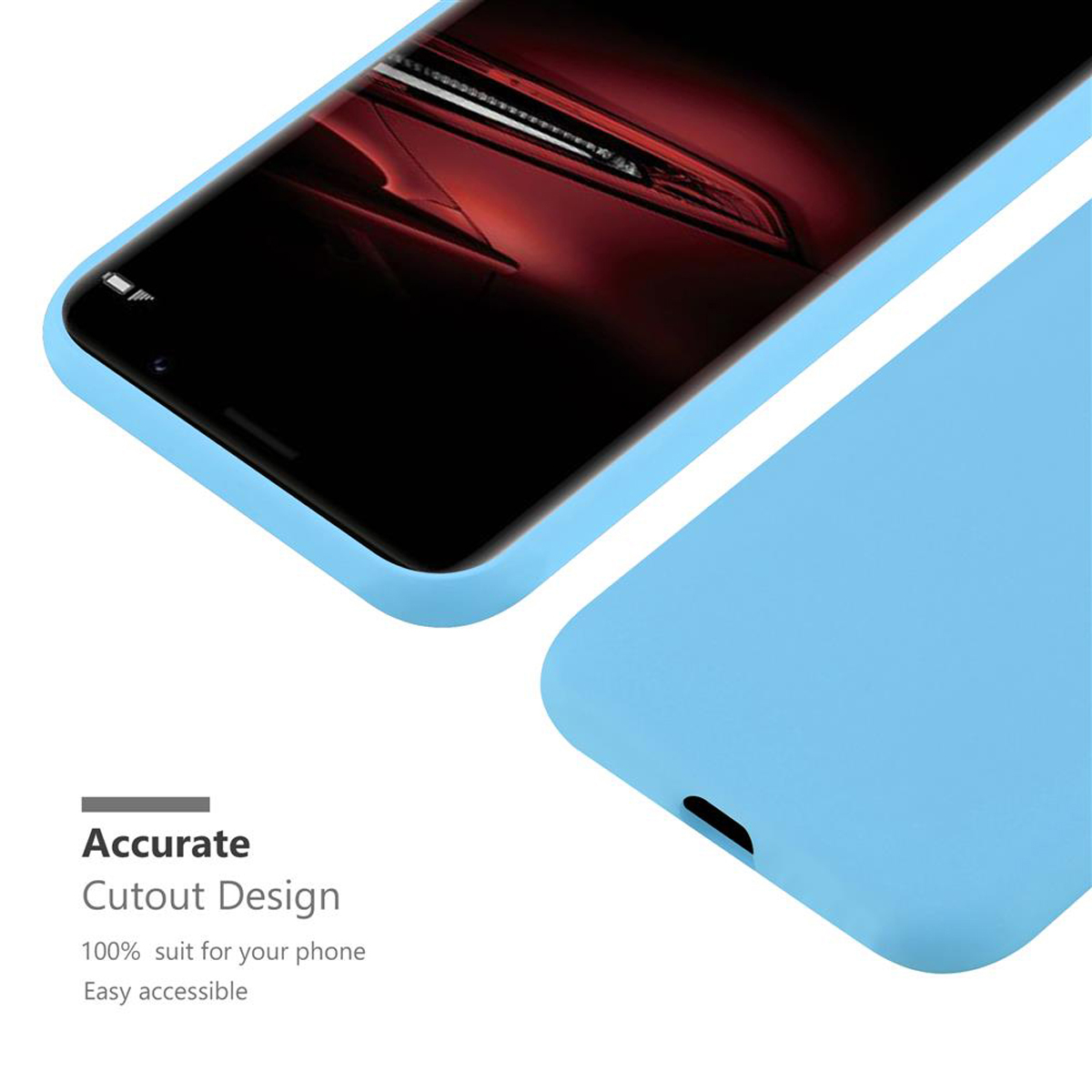 Custodia per telefono azzurra. Testo: Accurate Cutout Design. Sfondo bianco.