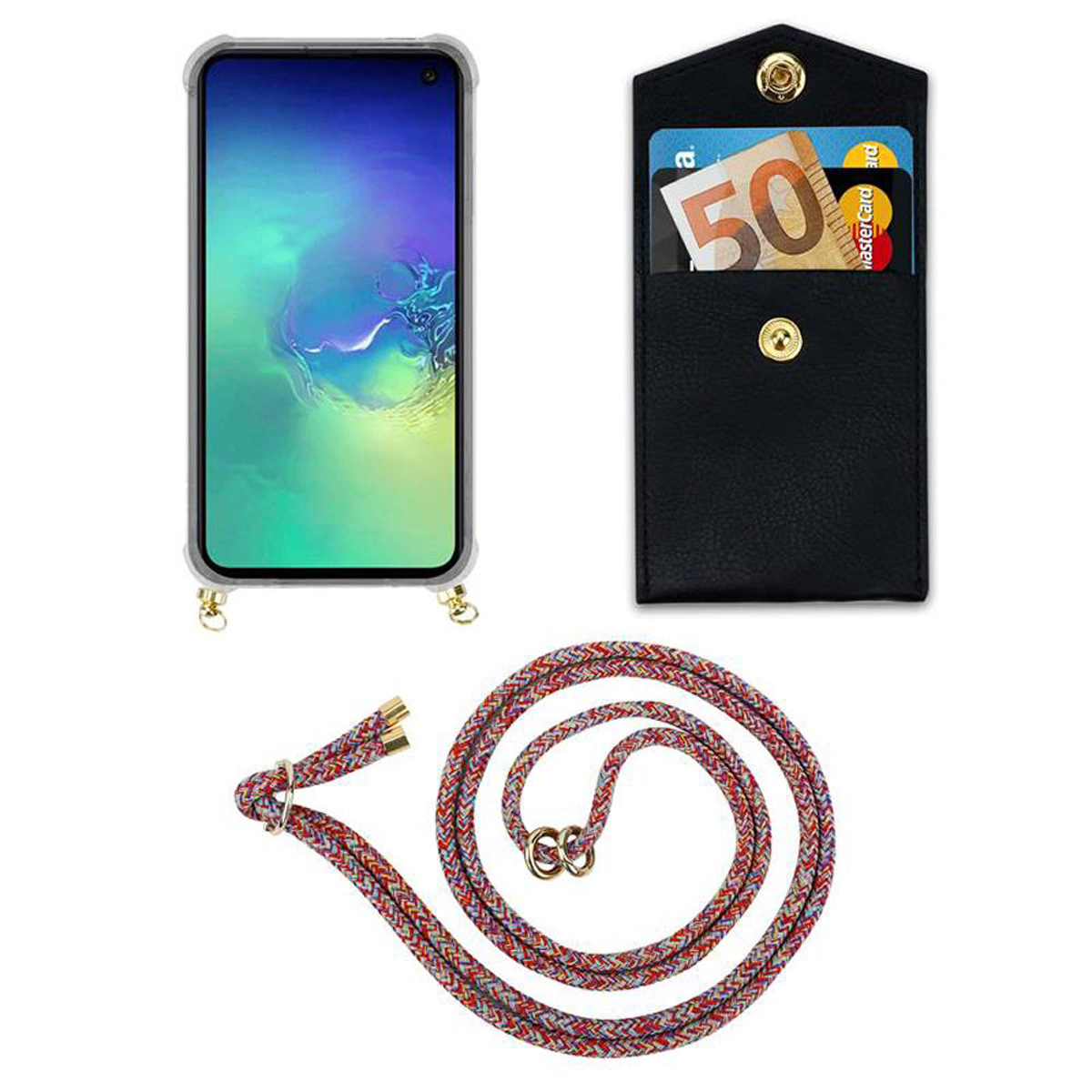 Handyhülle mit Lanyard und Geldbörse. Zeigt ein Telefon mit Geld und Karten in einer Geldbörse.