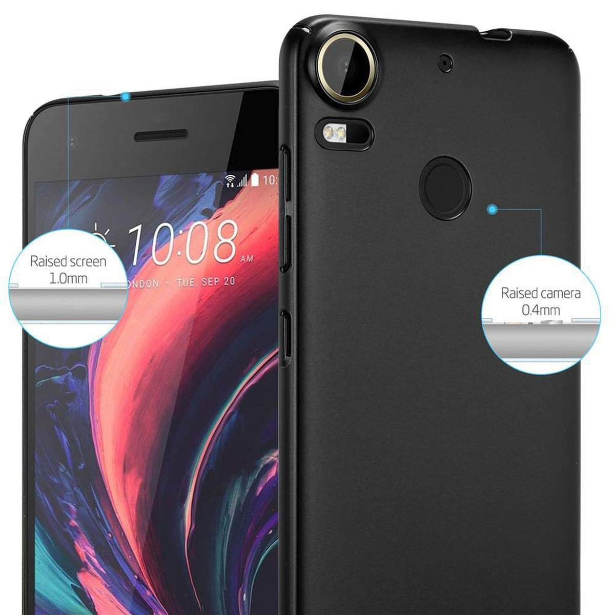 Due telefoni neri con fotocamera e schermo rialzati. Il testo recita, Schermo rialzato 1,0 mm e Fotocamera rialzata 0,4 mm.