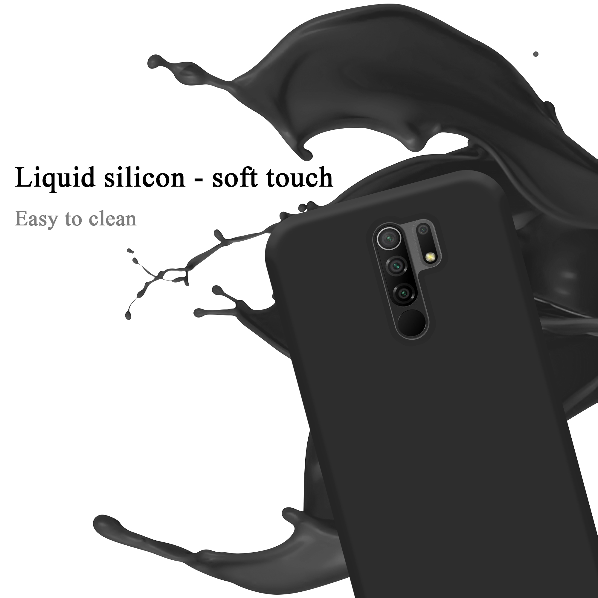 Custodia nera per telefono con schizzo nero su sfondo bianco.