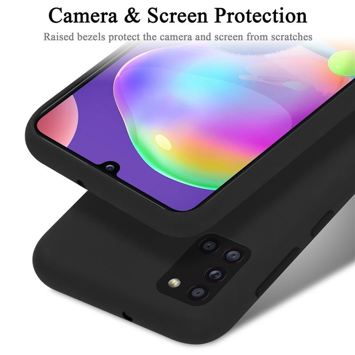 Una custodia per telefono con protezione della fotocamera e dello schermo. Il telefono è nella custodia, mostrando uno schermo.