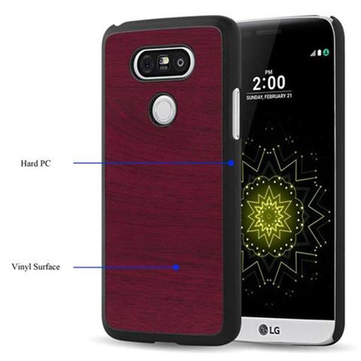 Telefono con custodia effetto legno bordeaux, che mostra l'ora 14:00.