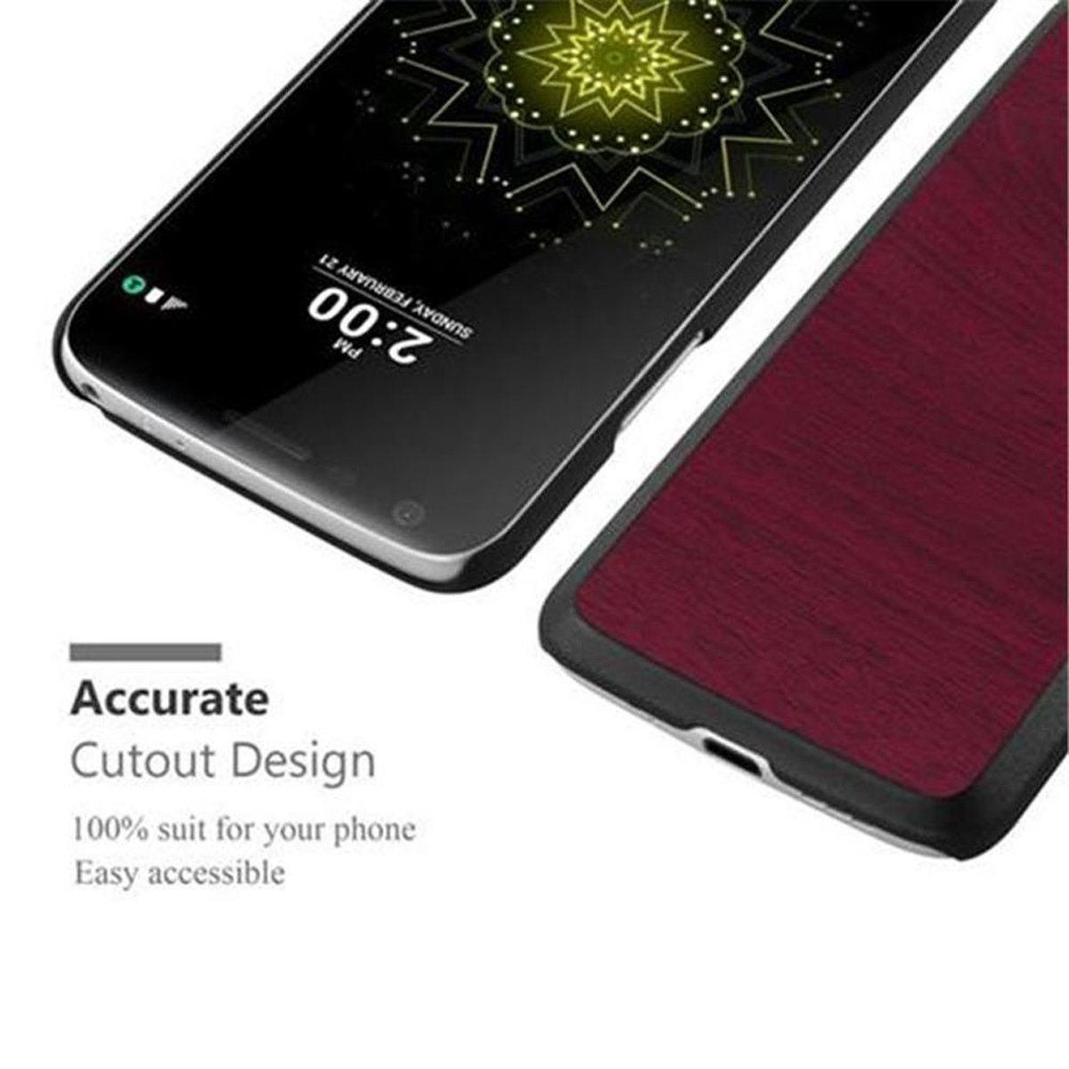 Primo piano di un telefono con custodia, design con ritaglio preciso.
