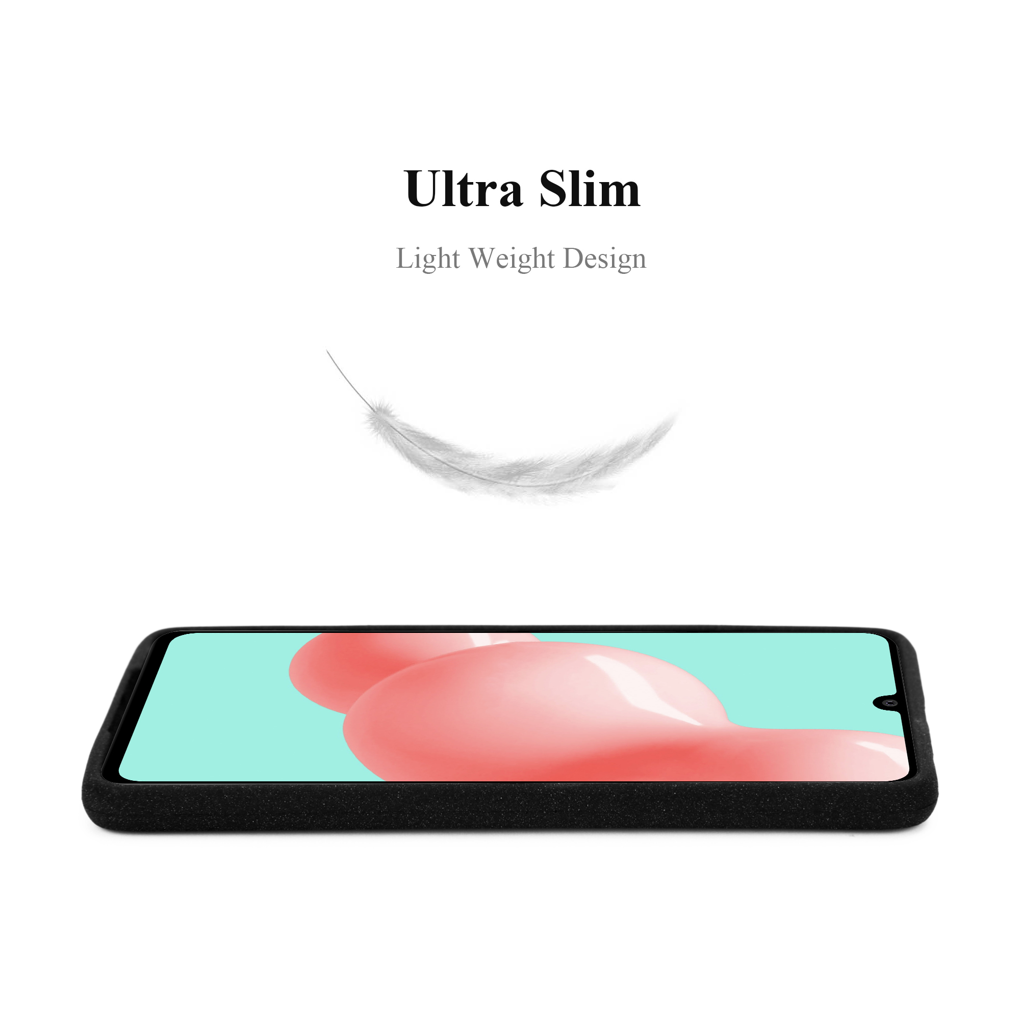 Una custodia per telefono nera con un motivo rosa e una piuma sopra.