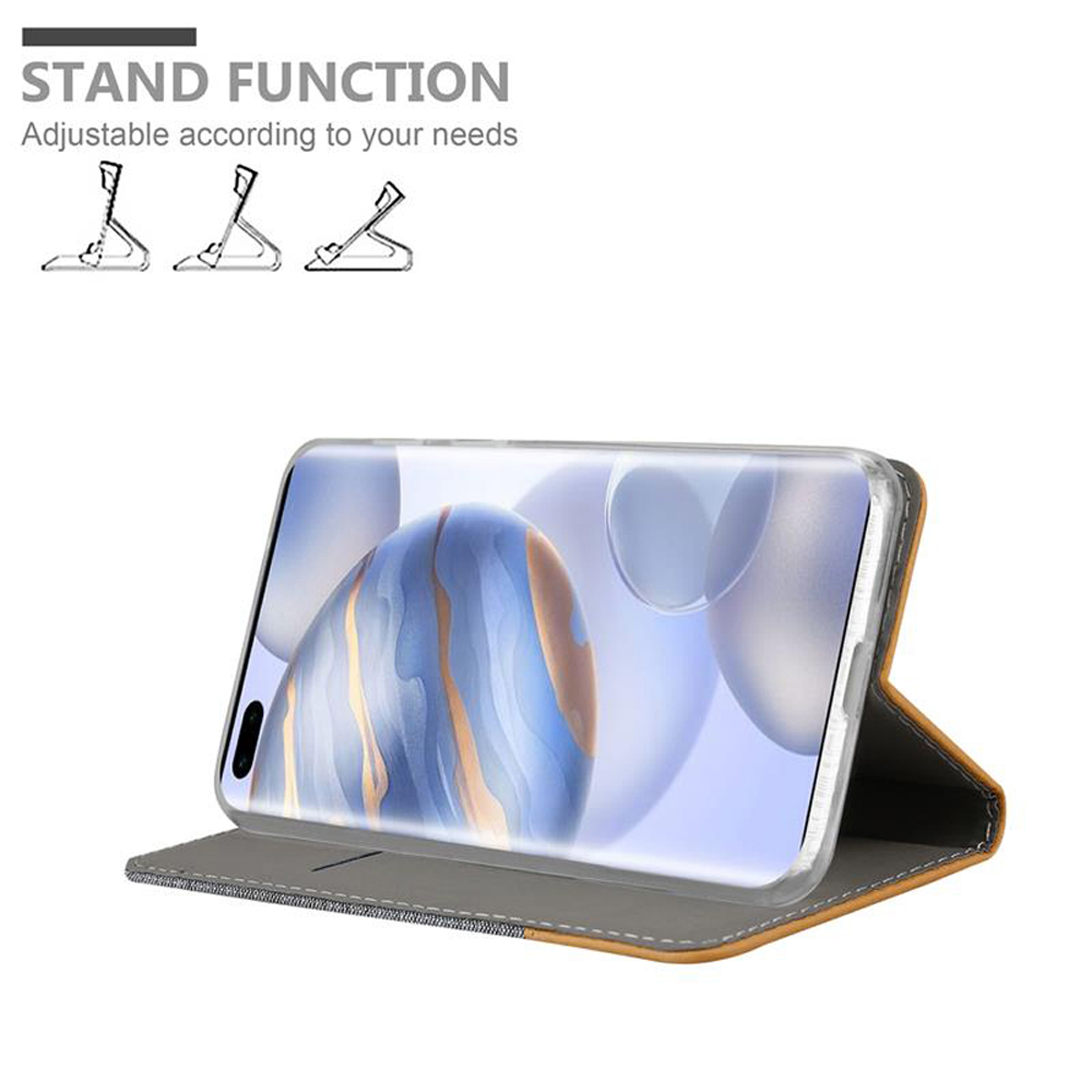 Telefono in una custodia, aperto per visualizzare una funzione di supporto. Vengono mostrate le opzioni della funzione di supporto. Sfondo bianco.