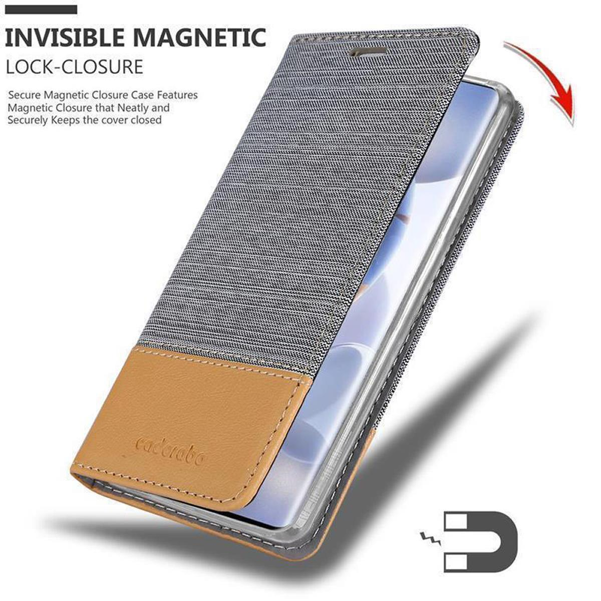 Custodia per telefono con chiusura magnetica, primo piano della custodia e del telefono.