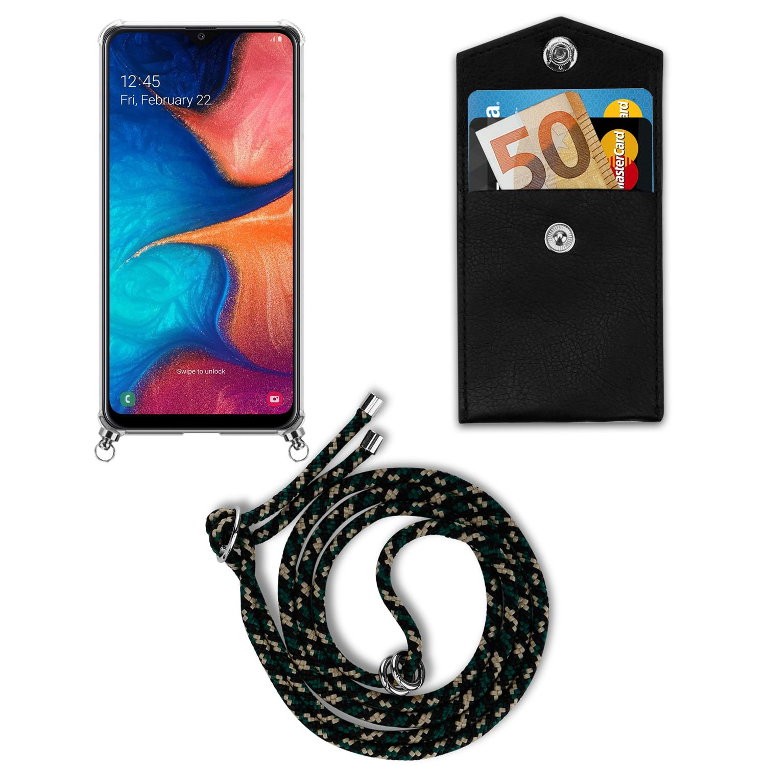 Telefono con custodia e cordino, portafoglio in pelle con contanti e schermo del telefono che mostra.