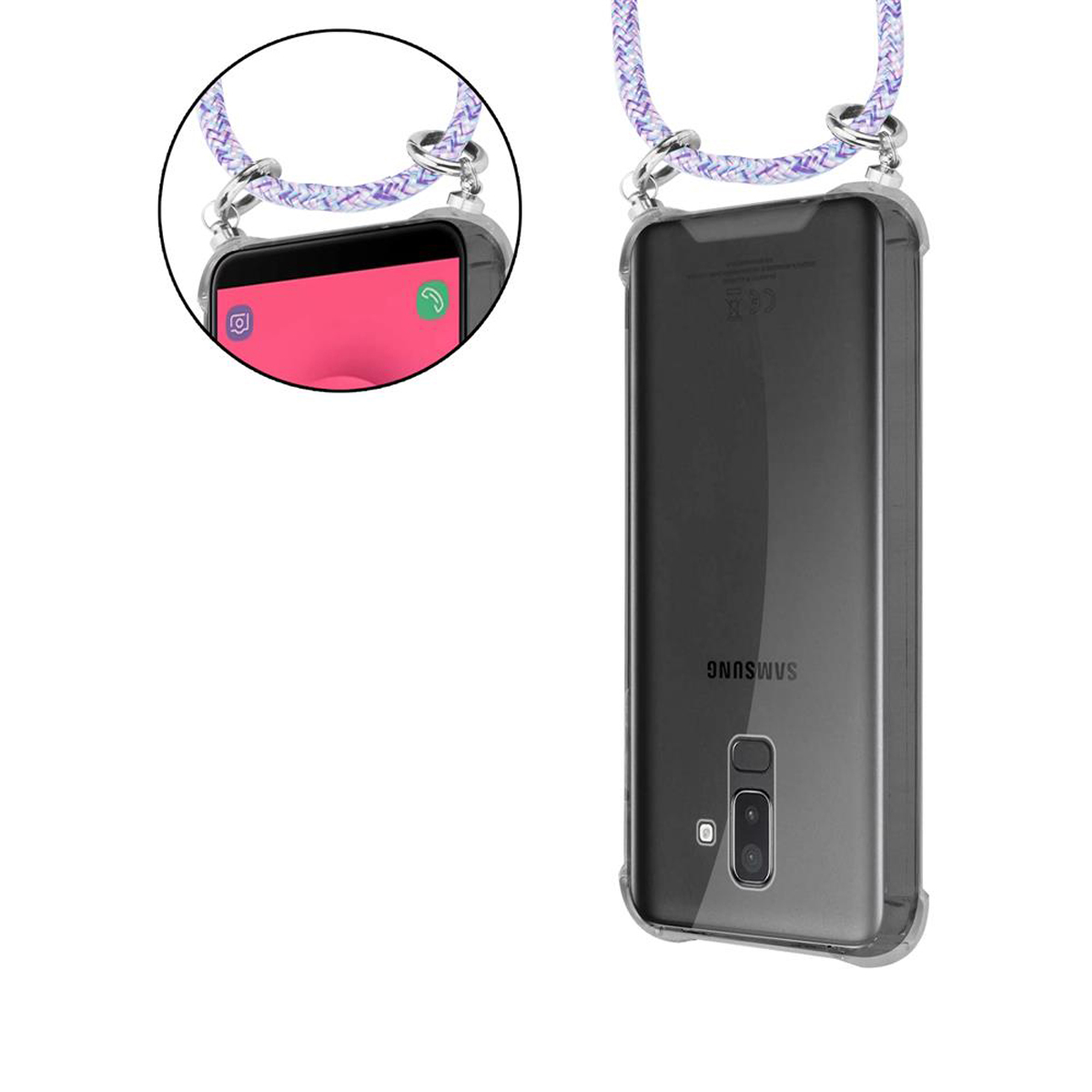 Zwei Telefone mit Trägern. Eines zeigt den Bildschirm, das andere die Rückseite. Weißer Hintergrund.