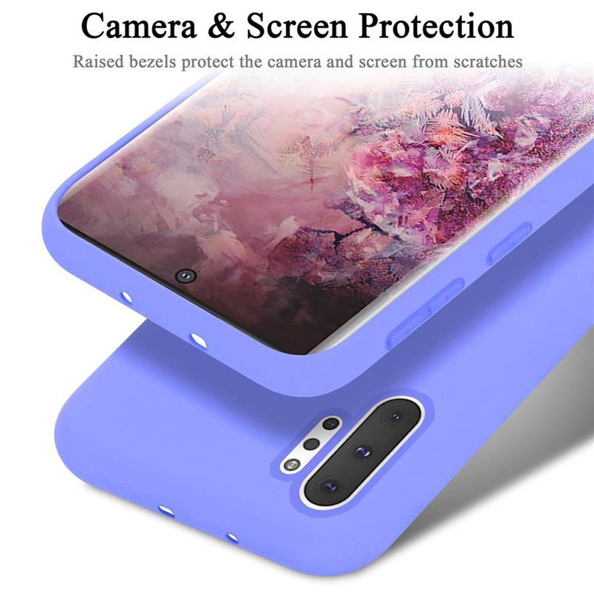 Custodia per telefono viola con protezione fotocamera e schermo. Sfondo bianco.