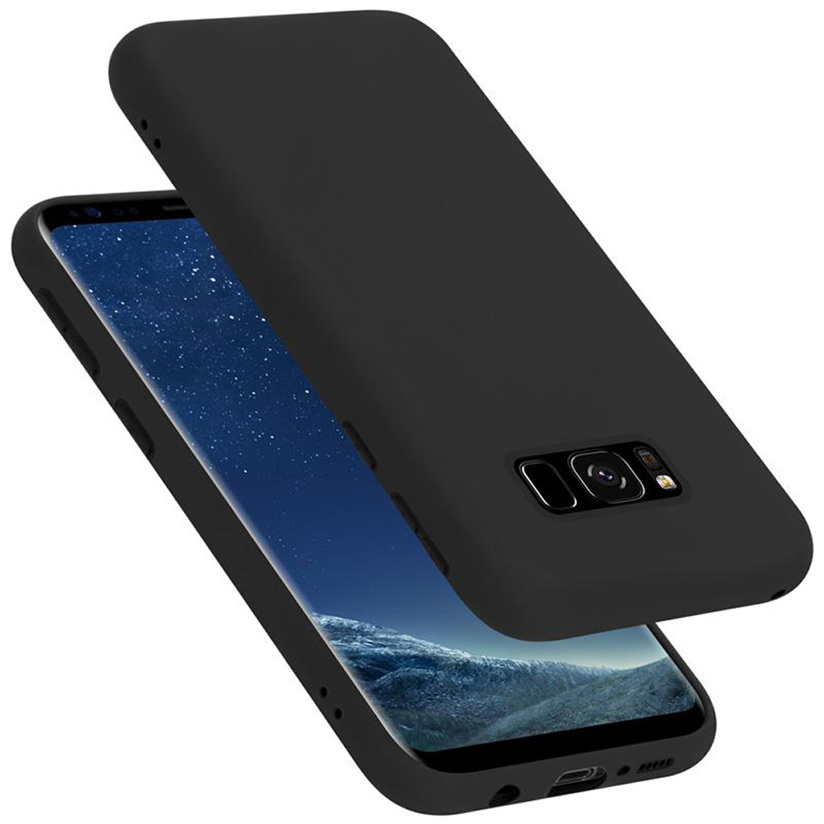 Schwarze Handyhülle und ein Telefon. Der Hintergrund ist weiß.