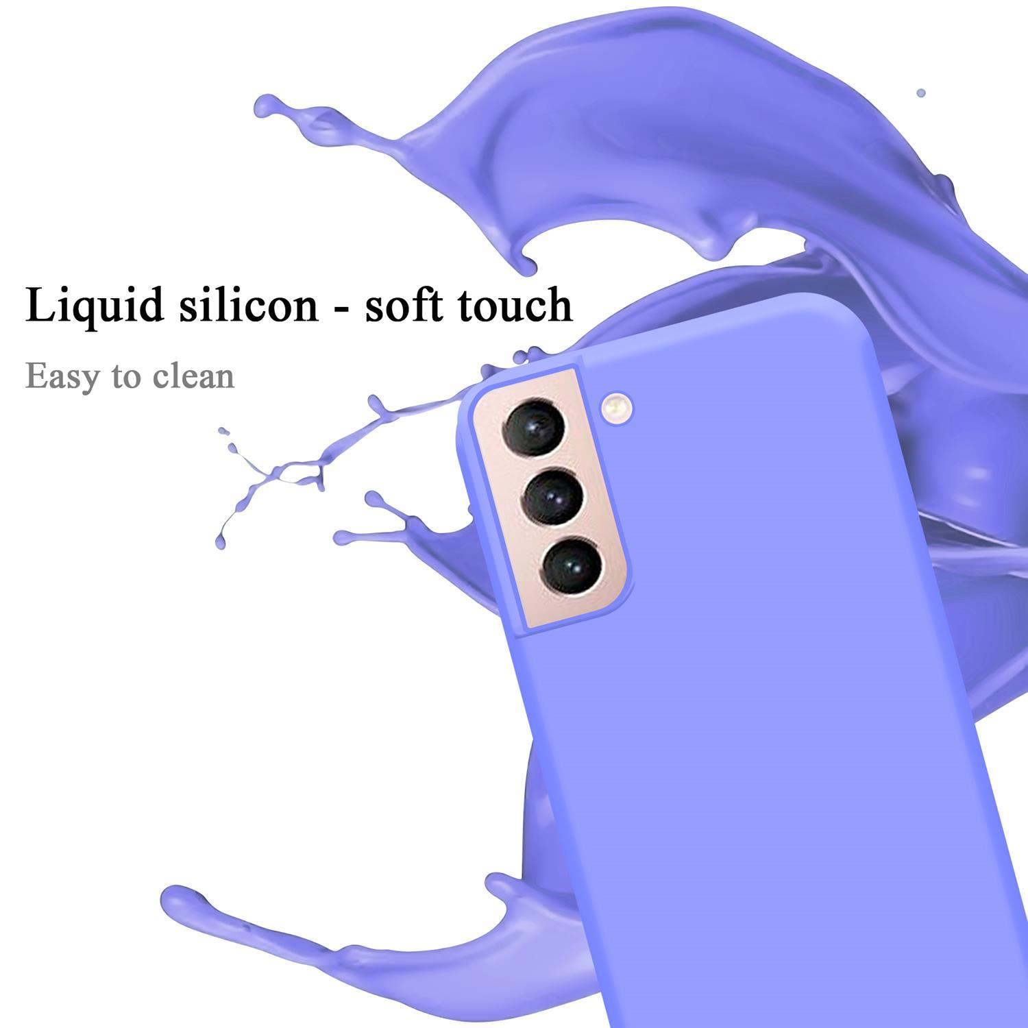 Lila Handyhülle mit Telefon und lila Flüssigkeitsspritzer. Text: Flüssigsilikon - Soft-Touch.