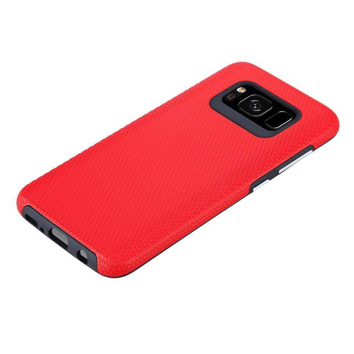 Una custodia per telefono rossa con un design strutturato. La custodia è su una superficie bianca. Il retro ha un motivo a griglia.
