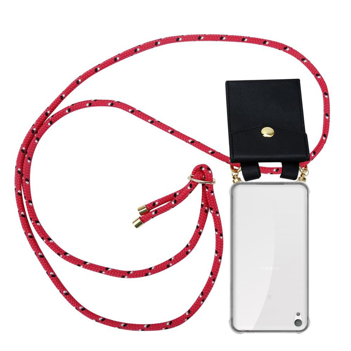 Eine schwarze Handyhülle mit rotem Band. Die Hülle hat eine schwarze Ledertasche.