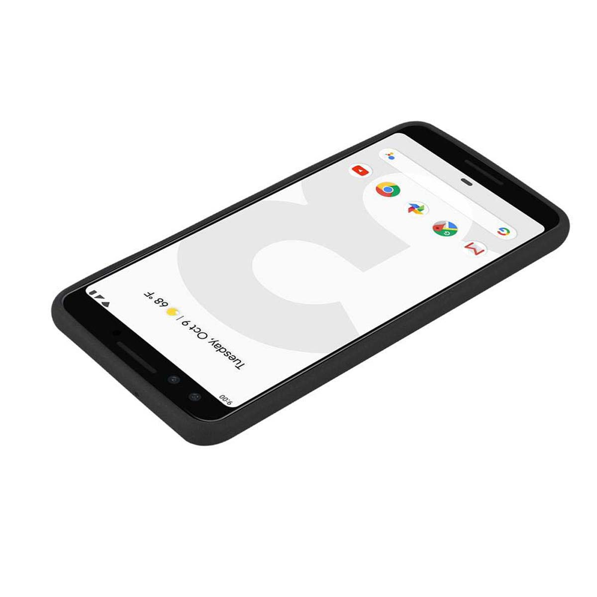 Telefono con icone sullo schermo. L'ora è le 9:00. La custodia nera è su una superficie bianca.