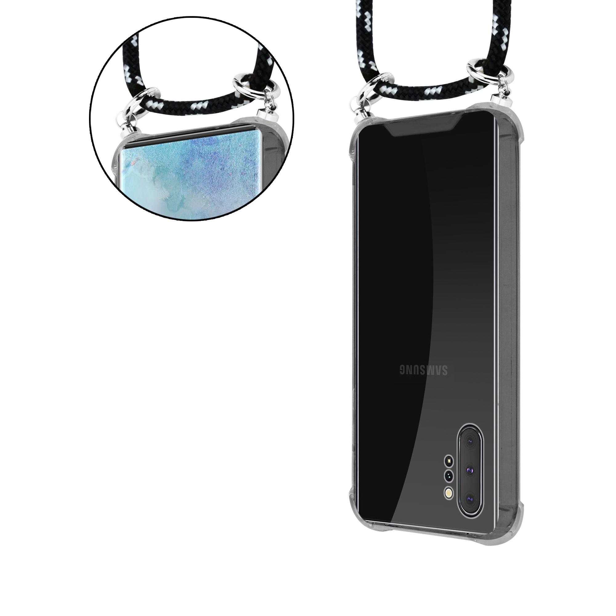 CADORABO Handy Kette mit Kordel SCHWARZ abnehmbarer Samsung, Backcover, und Silber Ringen, Galaxy Band SILBER PLUS, 10 Hülle, NOTE