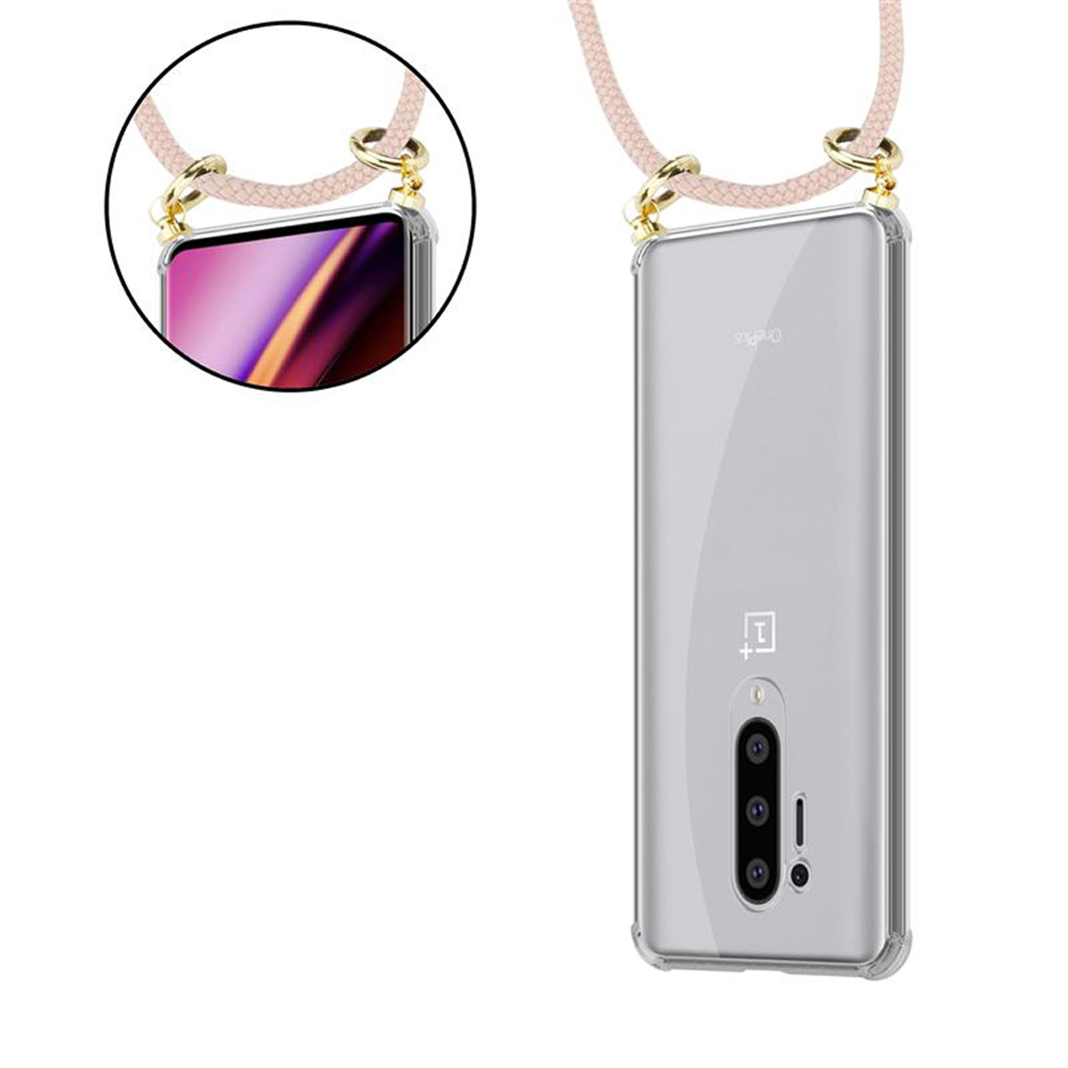 CADORABO Handy Kette mit OnePlus, 8 PRO, Gold ROSÉGOLD Kordel Backcover, Ringen, PERLIG Band abnehmbarer Hülle, und