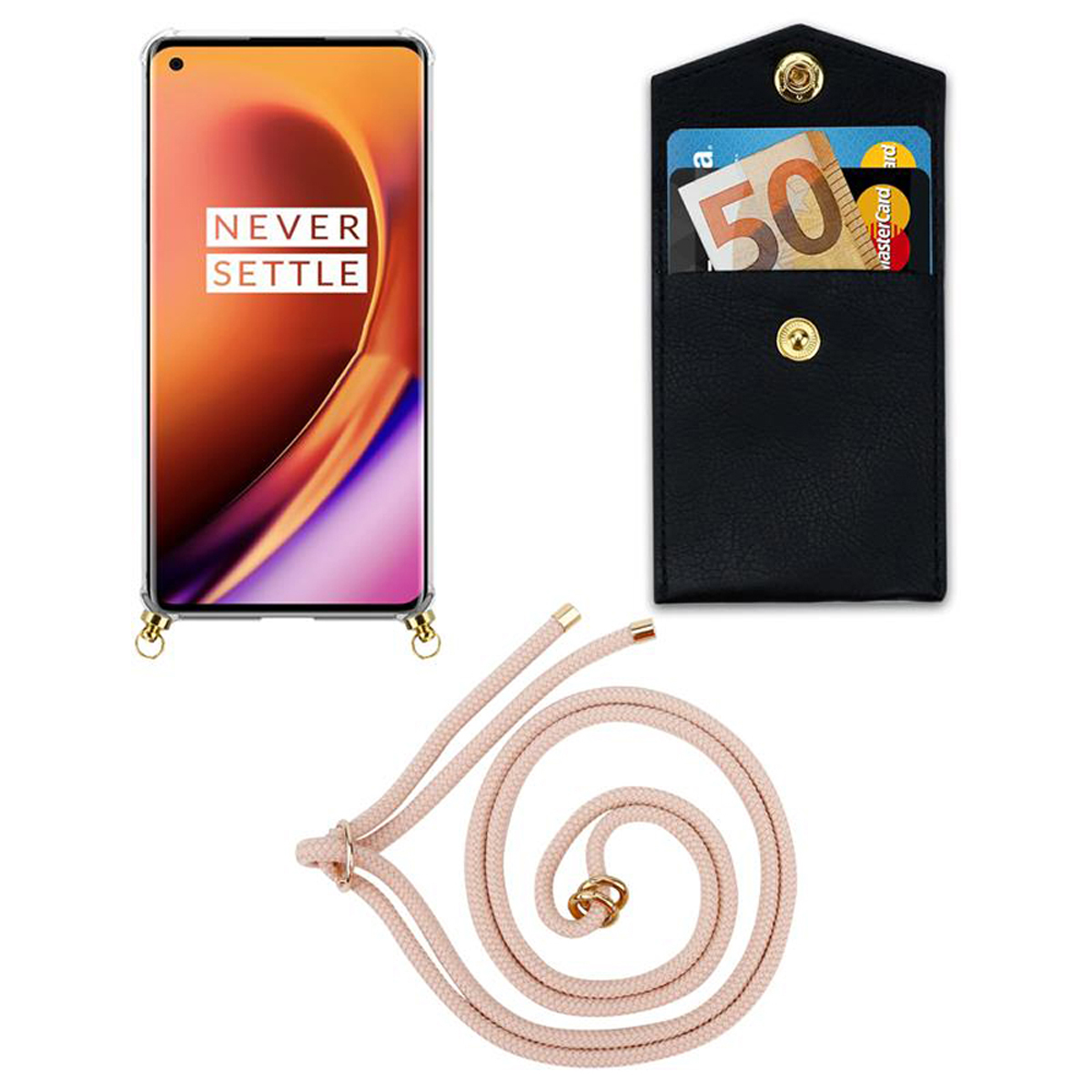 CADORABO Handy Kette Backcover, Band Kordel PRO, mit ROSÉGOLD 8 PERLIG Ringen, OnePlus, abnehmbarer und Gold Hülle