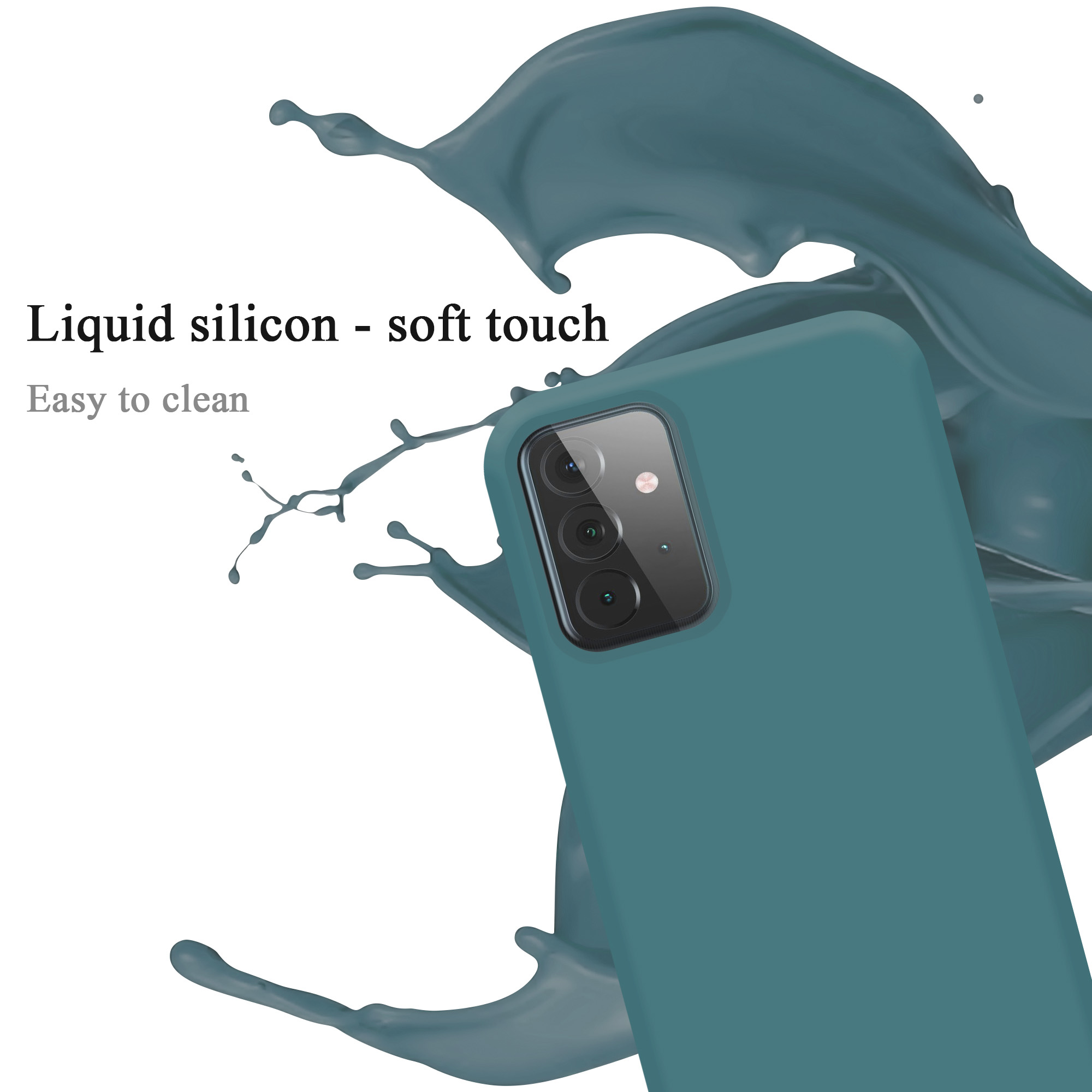 Türkisfarbene Handyhülle. Flüssiges Silikon - Soft-Touch. Farbspritzer im Hintergrund.