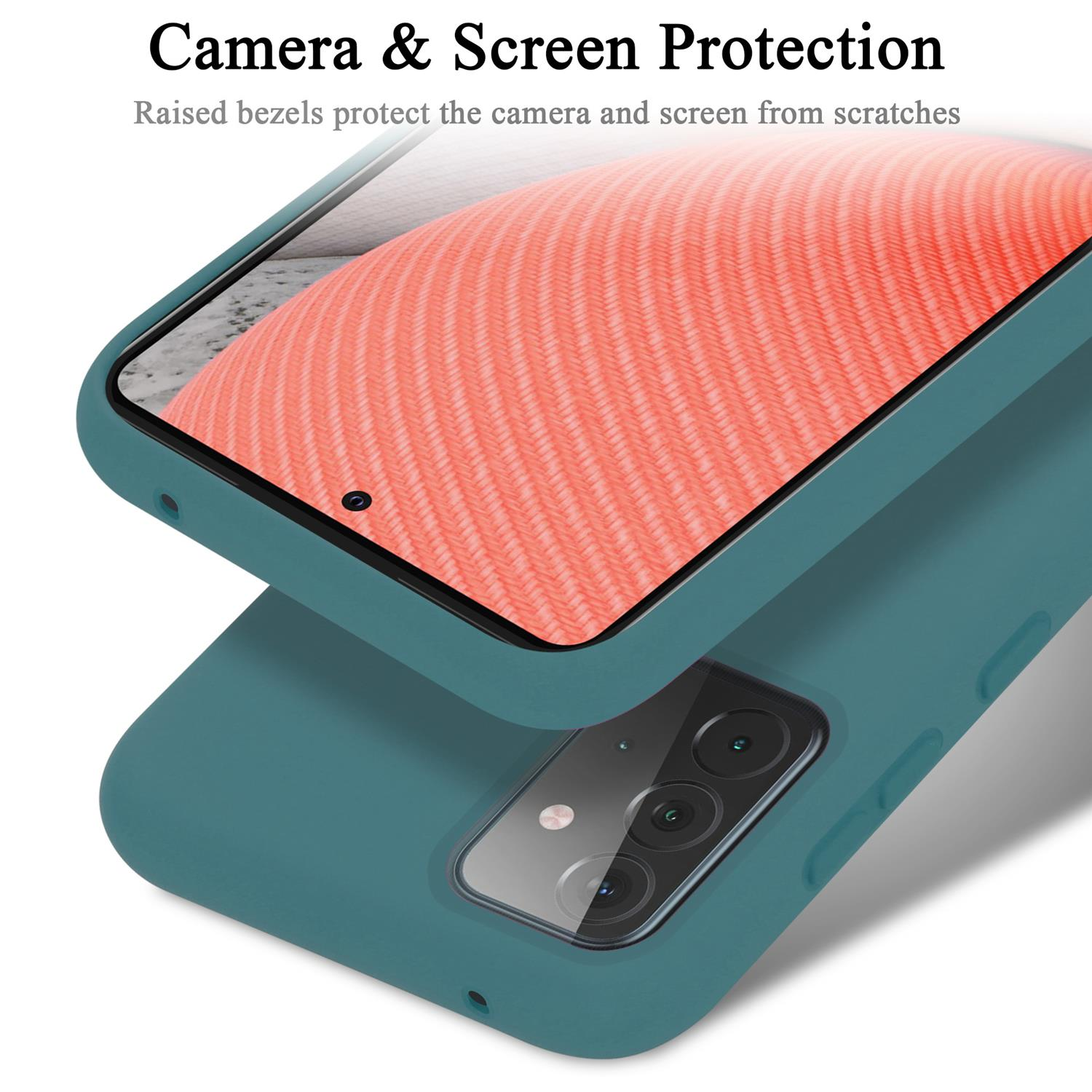 Nahaufnahme einer tealfarbenen Handyhülle mit einem Telefon darin. Die Hülle hat erhöhte Kanten zum Schutz von Kamera und Bildschirm.